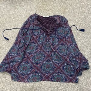 EUC Daniel Rainn Women’s XL Tunic Top Blue Burgundy Floral Tassel Tie Neckline